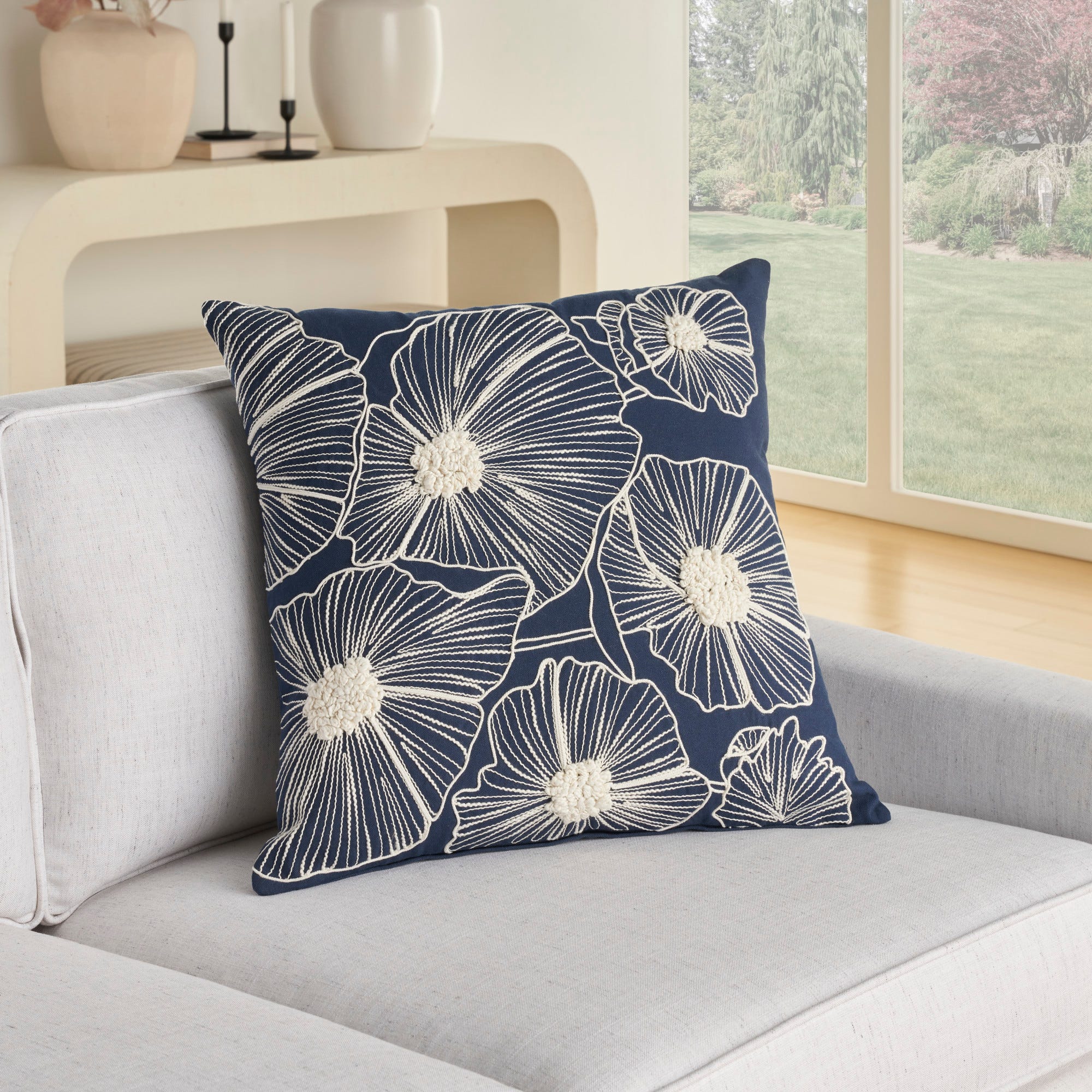 Embroidered Navy Floral Throw Pillow Cover AZ358 20x20 Mina Victory