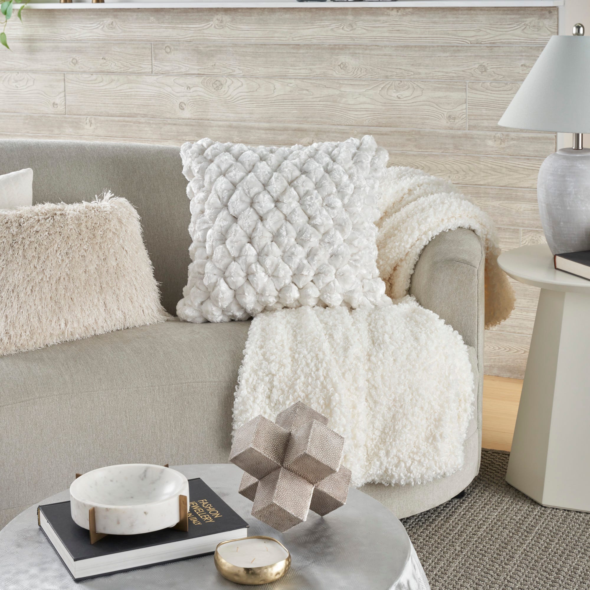 Plush Textured Shimmer Pom Throw Pillow YS101 White 20x20 Mina Victory